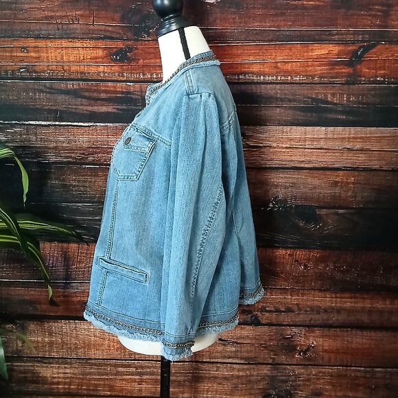 Chico's Jean Jacket 2 Large Chauncey Chain Fringe Open Front Cropped 3/4 Sleeves - Picture 7 of 11